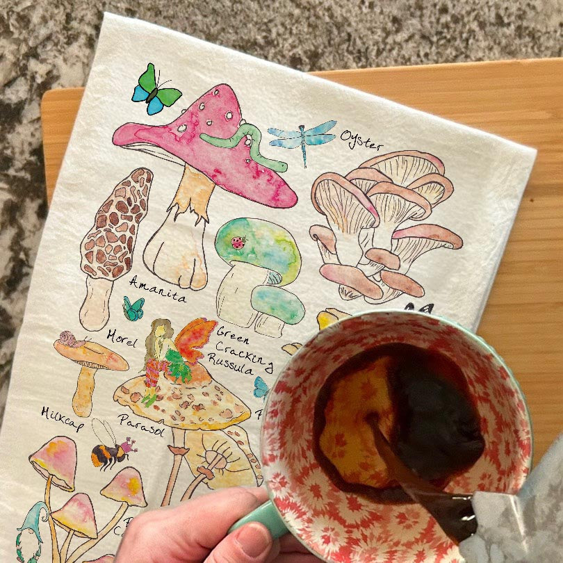 Mushroom Species dish towel, 27x27 flour sack cotton