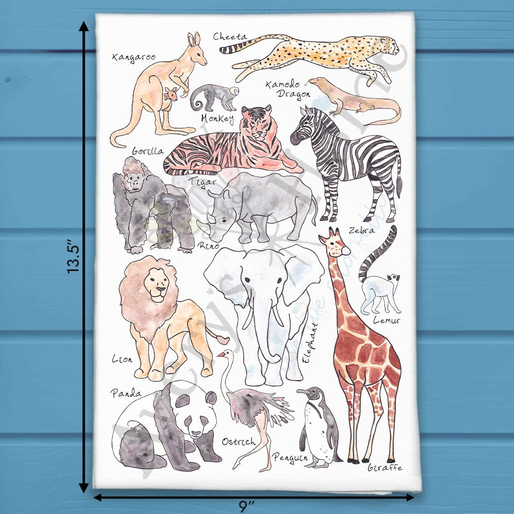 Zoo Animal flour sack dish towel, art by Avery Jackson