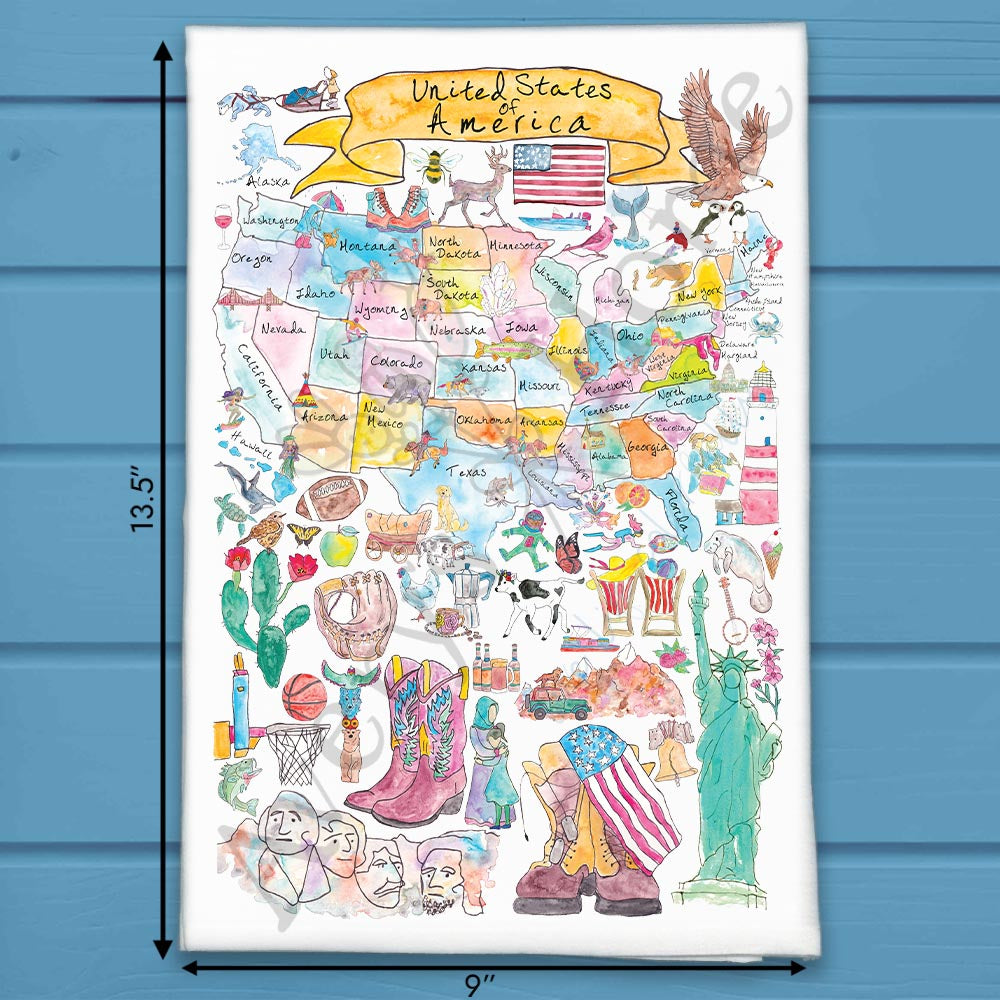 USA Map flour sack dish towel, art by Avery Jackson