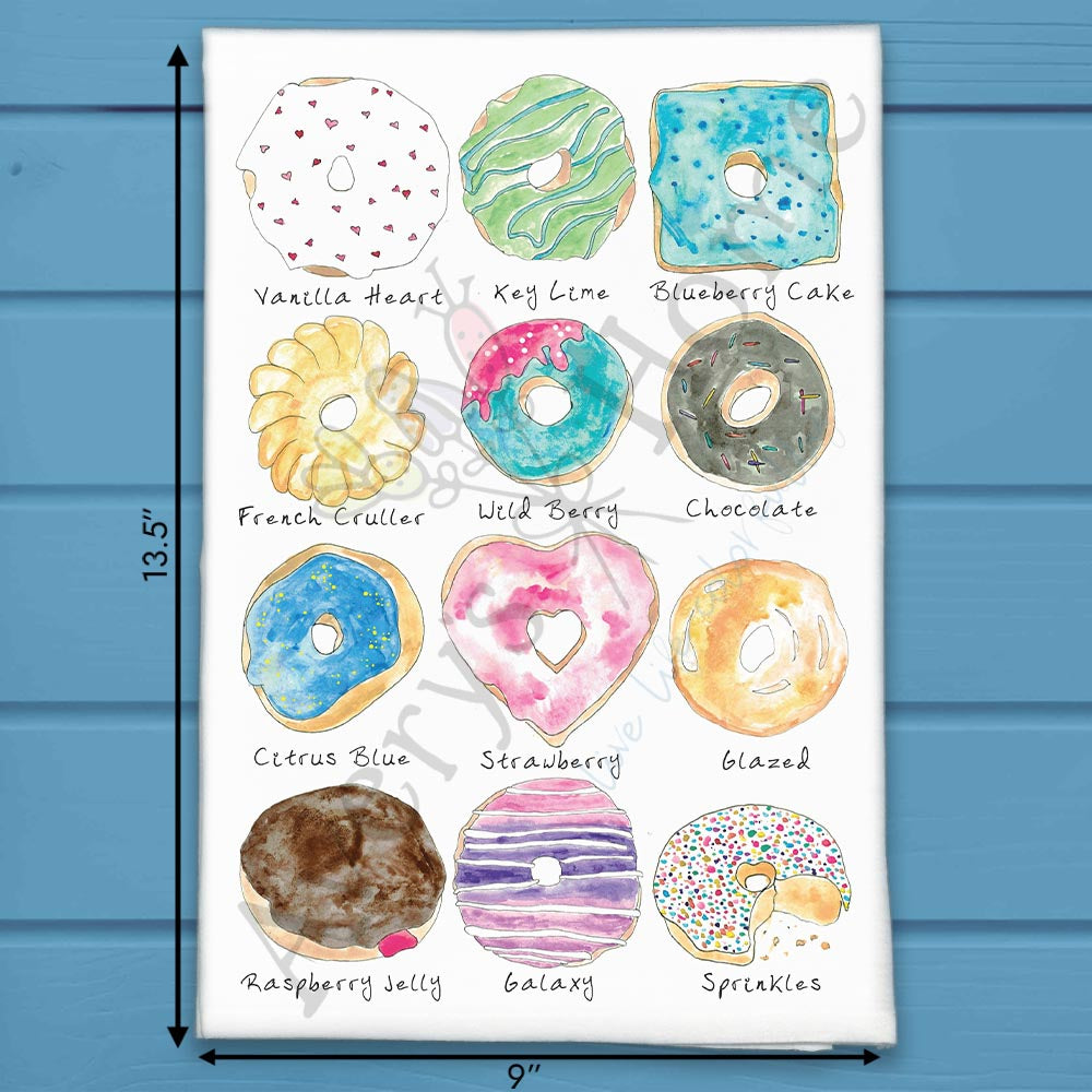 Donut Flavors flour sack dish towel, art by Avery Jackson