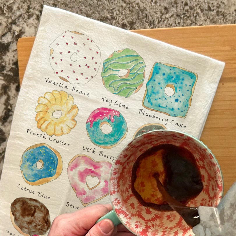 Donut Flavors dish towel, 27x27 flour sack cotton