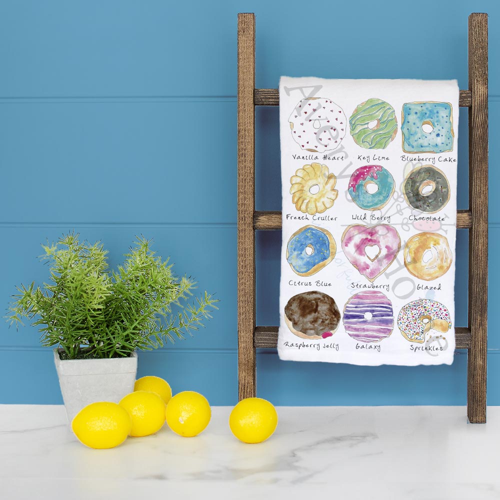 Donut Flavors dish towel folded, hemmed on all four sides