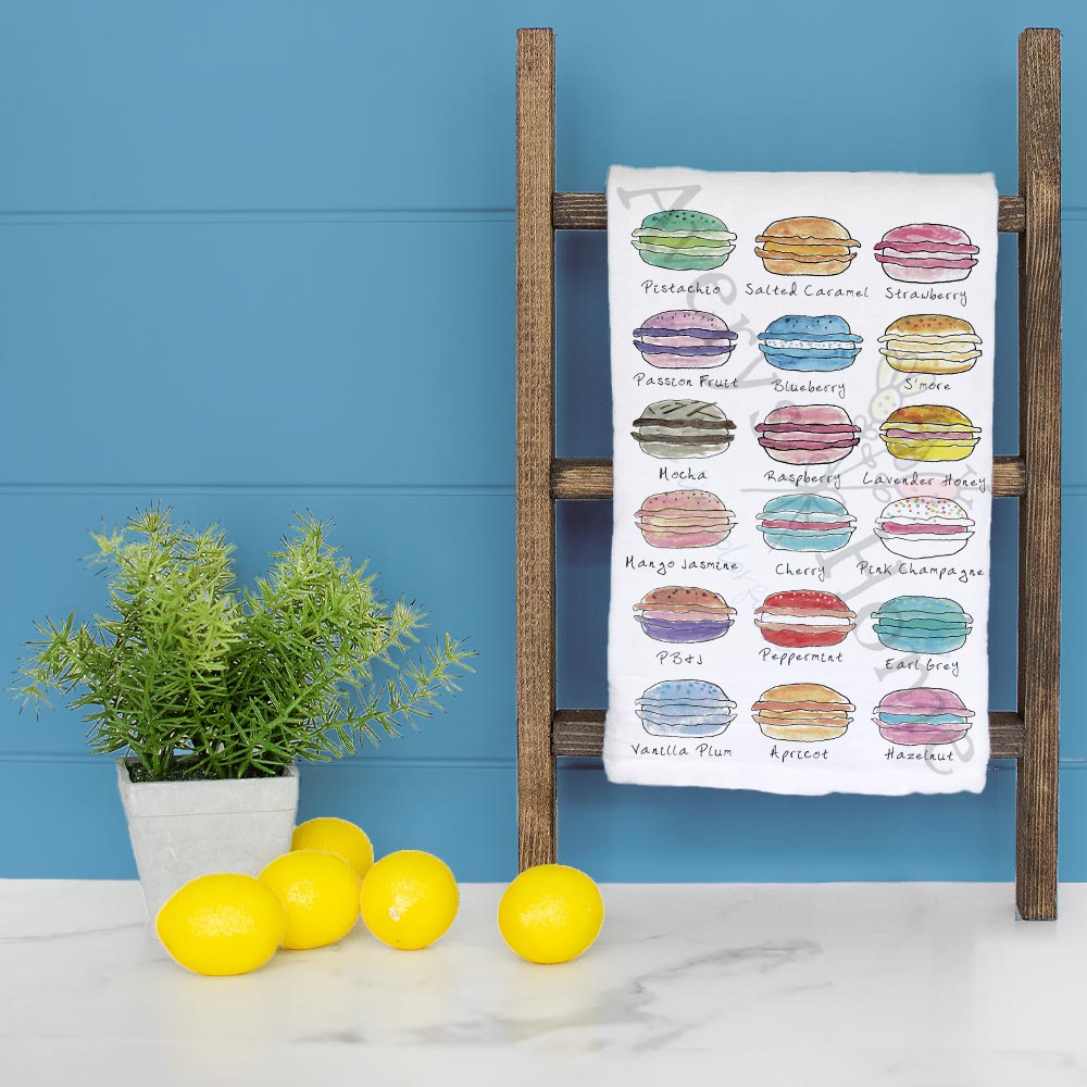Macaron Cookie dish towel folded, hemmed on all four sides