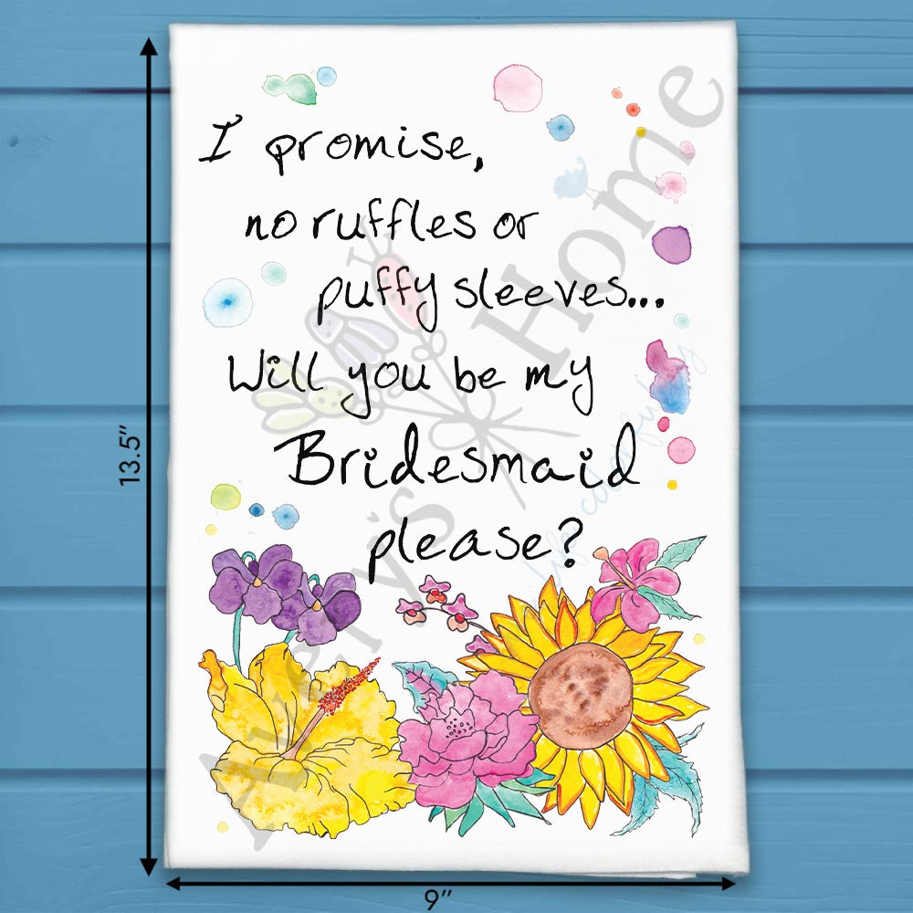 Will You Be My Bridesmaid flour sack dish towel, art by Avery Jackson