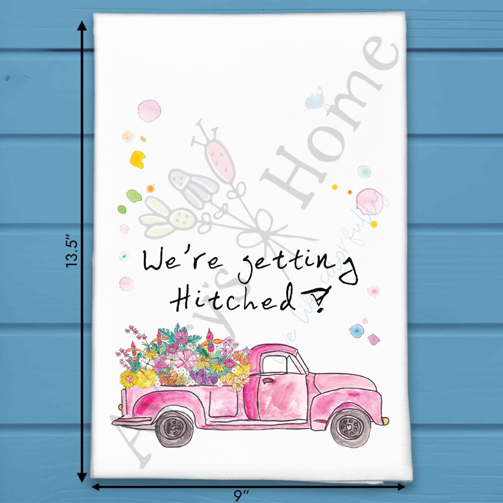 We're Getting Hitched flour sack dish towel, art by Avery Jackson