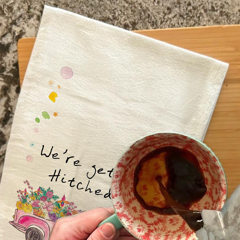 We're Getting Hitched dish towel, 27x27 flour sack cotton