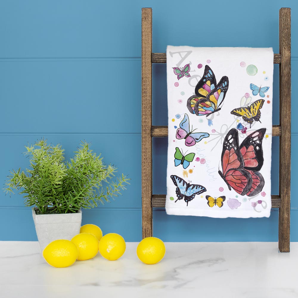 Rainbow Garden Butterflies dish towel folded, hemmed on all four sides