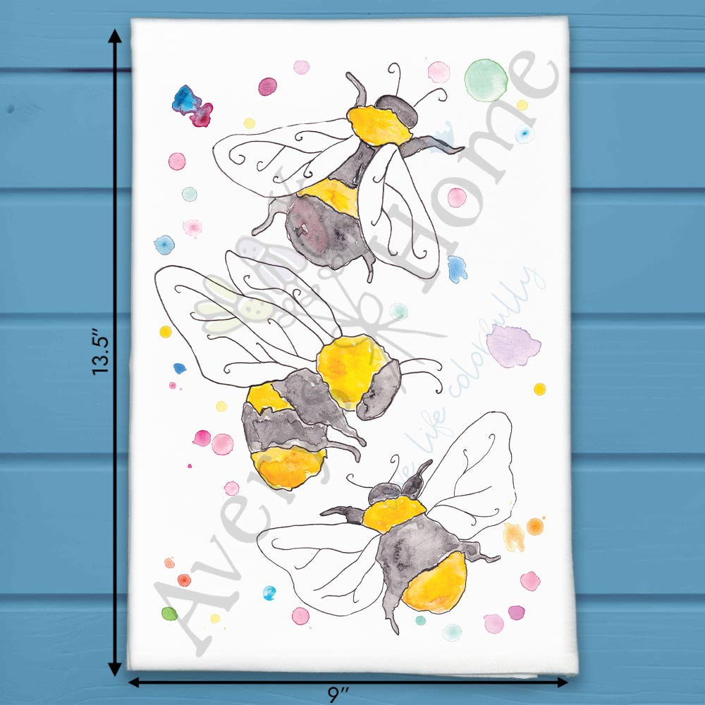 Garden Bees flour sack dish towel, art by Avery Jackson