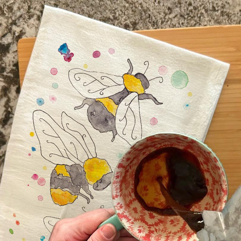 Garden Bees dish towel, 27x27 flour sack cotton