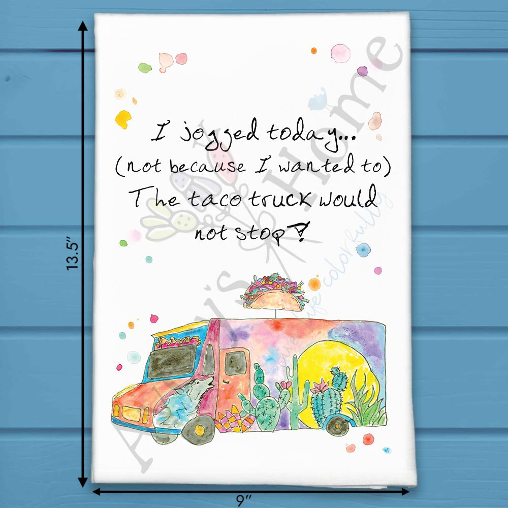 Taco Truck Workout flour sack dish towel, art by Avery Jackson