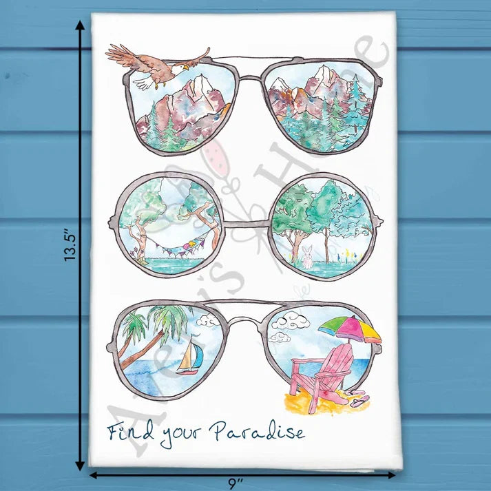 Find Your Paradise flour sack dish towel, art by Avery Jackson