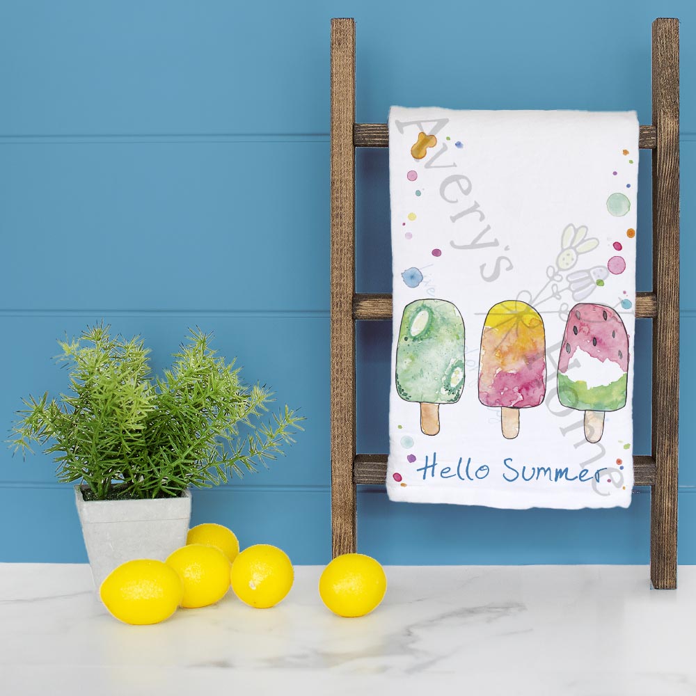 Hello Summer Popsicle dish towel folded, hemmed on all four sides