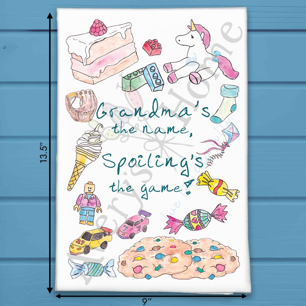 Grandma Spoiling flour sack dish towel, art by Avery Jackson