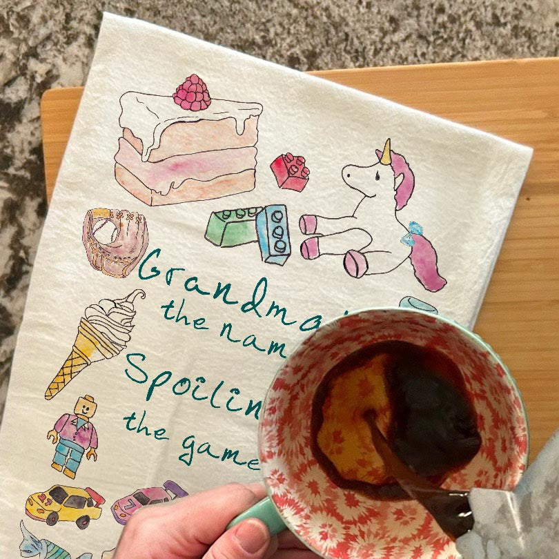 Grandma Spoiling dish towel, 27x27 flour sack cotton