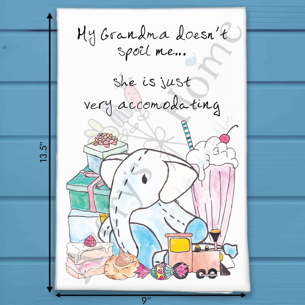 Accommodating Grandma flour sack dish towel, art by Avery Jackson