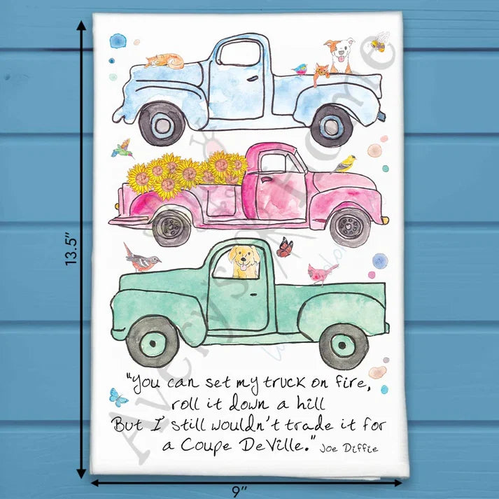 Spring Pickup Trucks flour sack dish towel, art by Avery Jackson