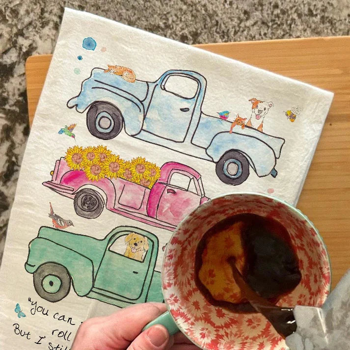 Spring Pickup Trucks dish towel, 27x27 flour sack cotton