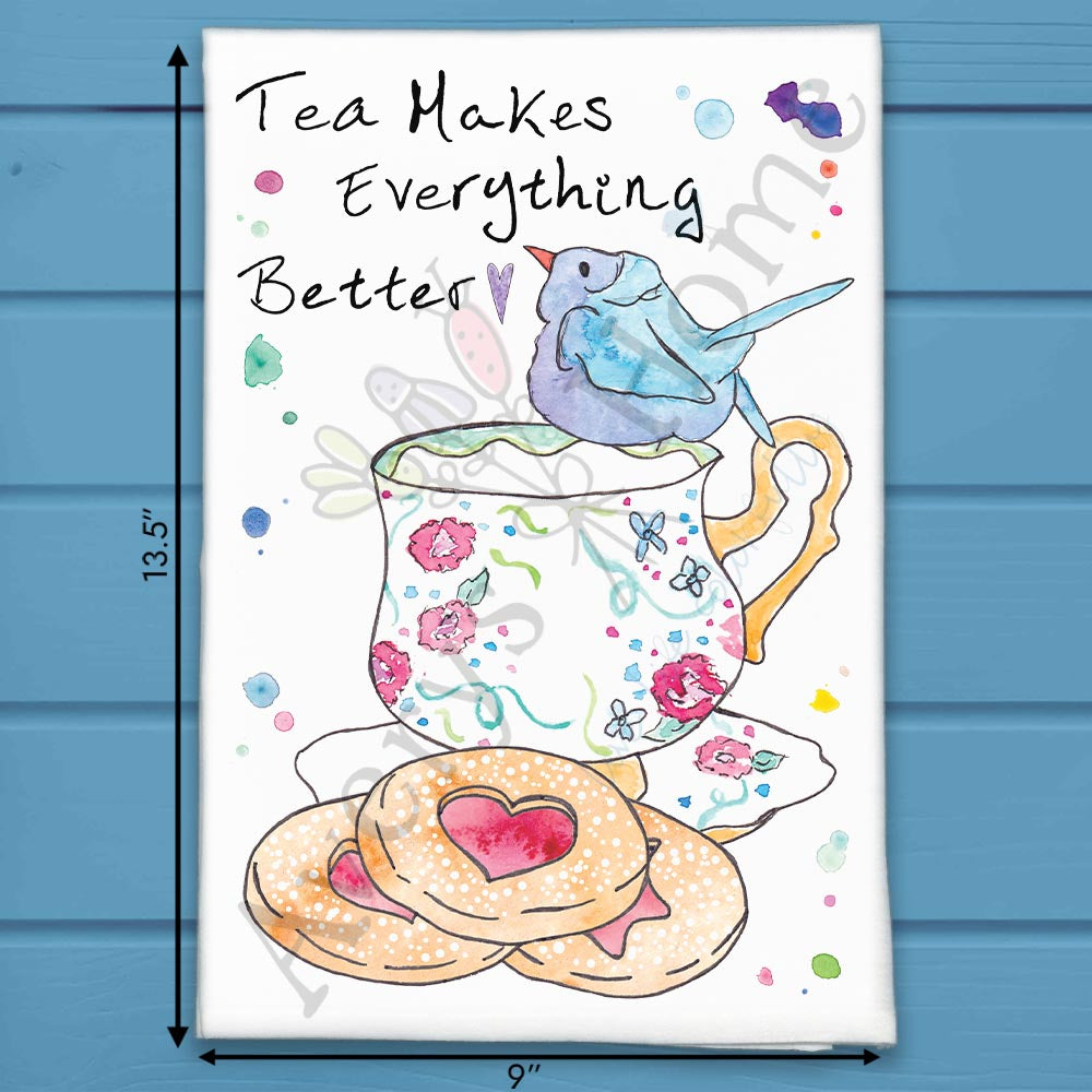 Tea, Cookies, and Birds flour sack dish towel, art by Avery Jackson