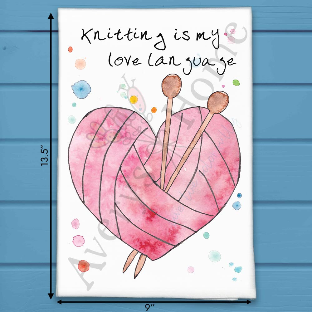 Knitting Love Language flour sack dish towel, art by Avery Jackson