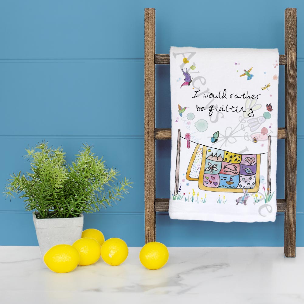 Rather Be Quilting dish towel folded, hemmed on all four sides