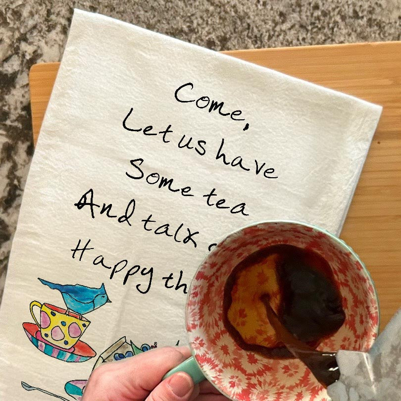 Let Us Have Tea dish towel, 27x27 flour sack cotton