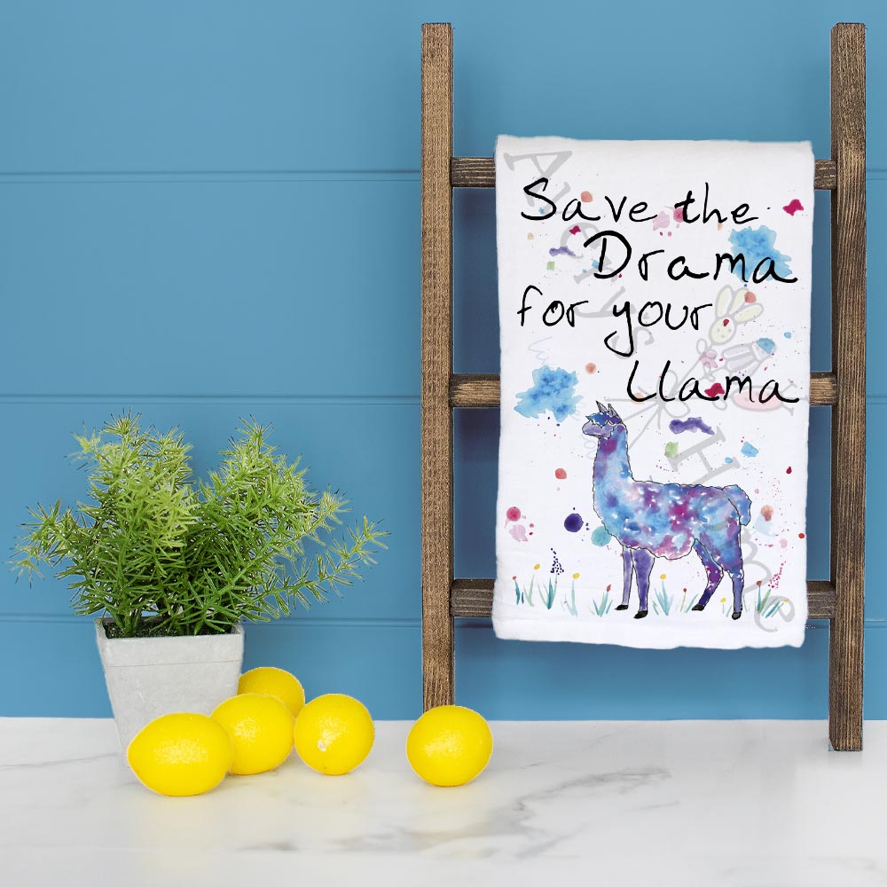 Save the Drama Llama dish towel folded, hemmed on all four sides