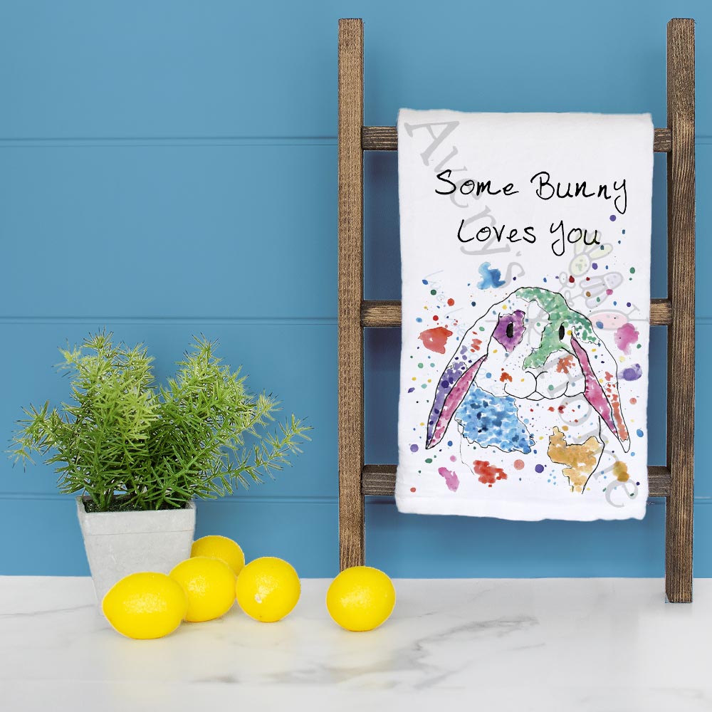 Some Bunny Loves You dish towel folded, hemmed on all four sides
