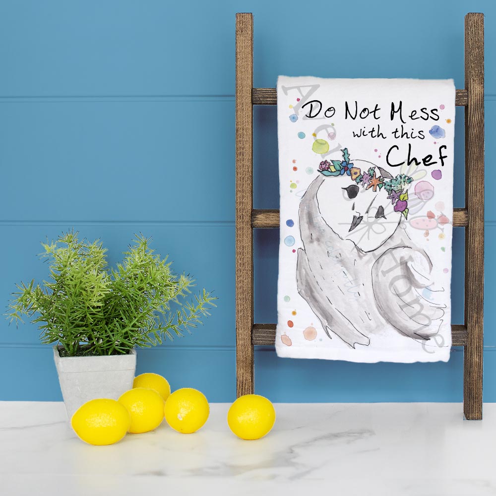 Don't Mess with this Chef dish towel folded, hemmed on all four sides