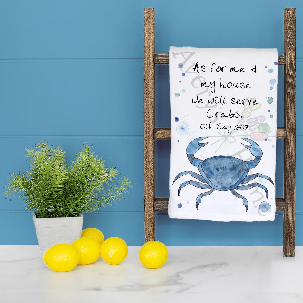 Serve Crabs 24:7 dish towel folded, hemmed on all four sides