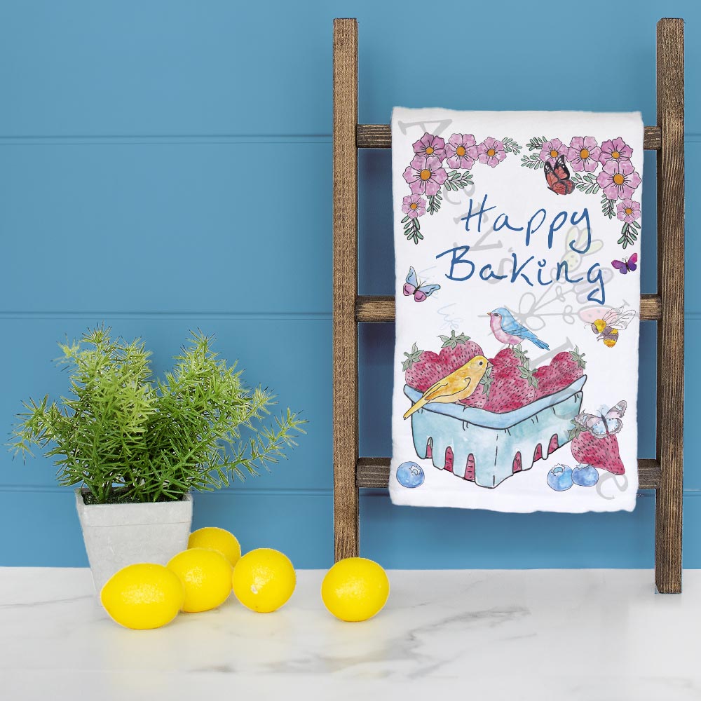 Happy Baking dish towel folded, hemmed on all four sides
