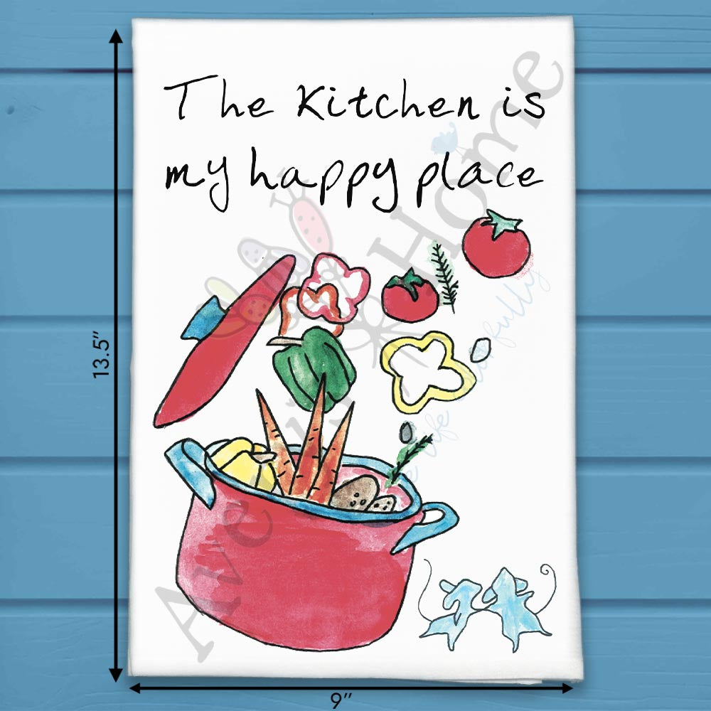 Happy Place Kitchen flour sack dish towel, art by Avery Jackson