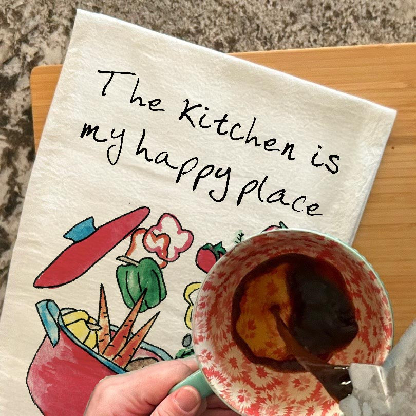 Happy Place Kitchen dish towel, 27x27 flour sack cotton