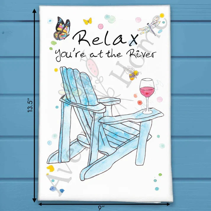Relax at the River flour sack dish towel, art by Avery Jackson