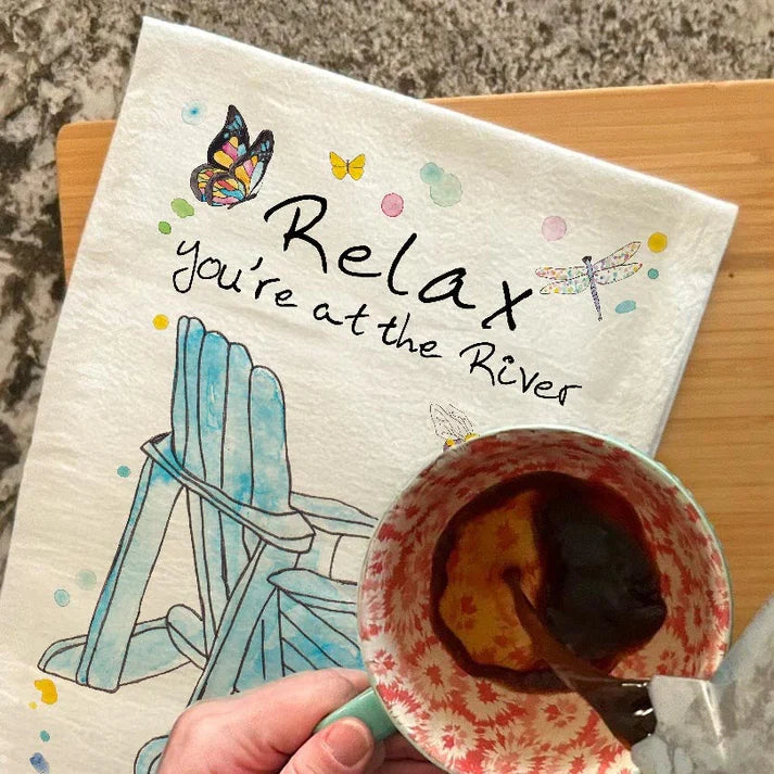 Relax at the River dish towel, 27x27 flour sack cotton