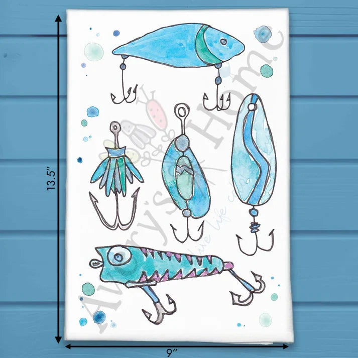 Fishing Lures flour sack dish towel, art by Avery Jackson