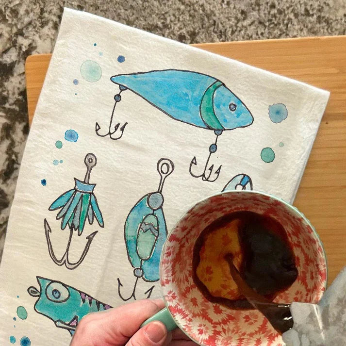 Fishing Lures dish towel, 27x27 flour sack cotton