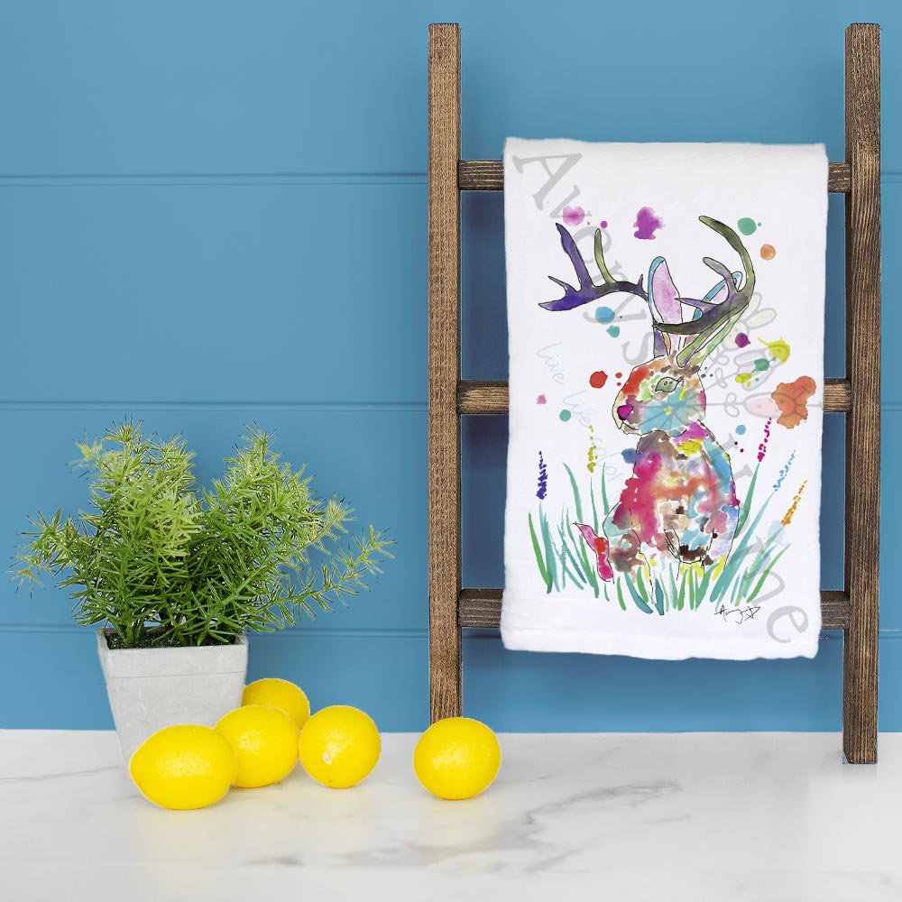 Jackalope dish towel folded, hemmed on all four sides
