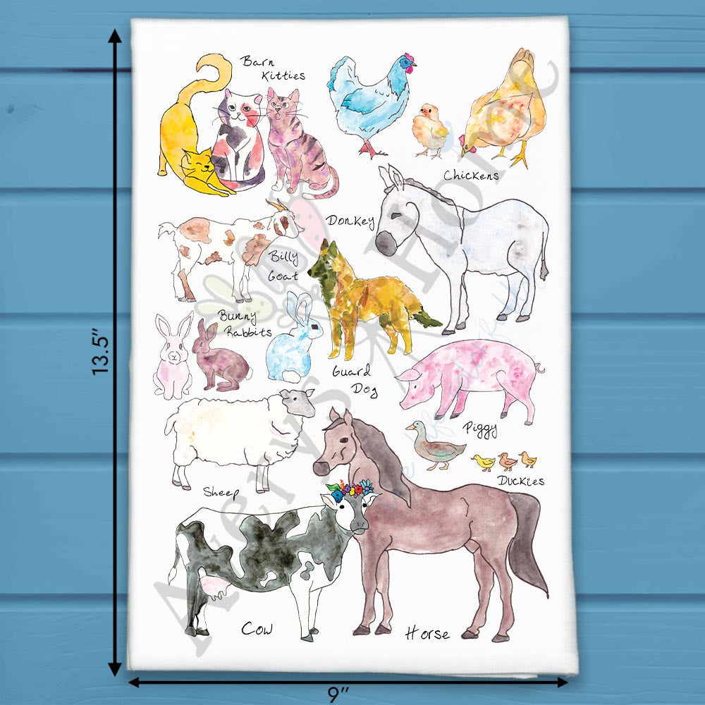 Farm Animals flour sack dish towel, art by Avery Jackson