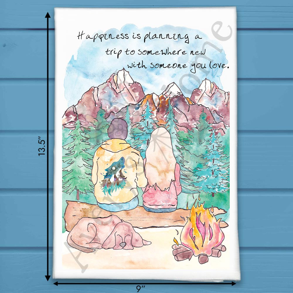 Happiness in the Mountains flour sack dish towel, art by Avery Jackson