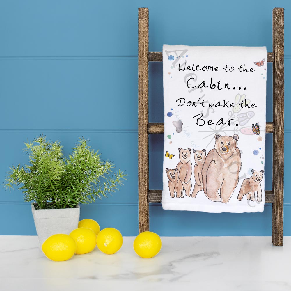 Welcome to the Cabin dish towel folded, hemmed on all four sides