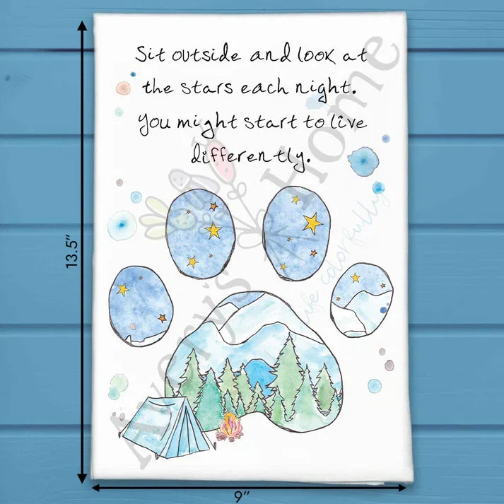 Starry Night Camping flour sack dish towel, art by Avery Jackson