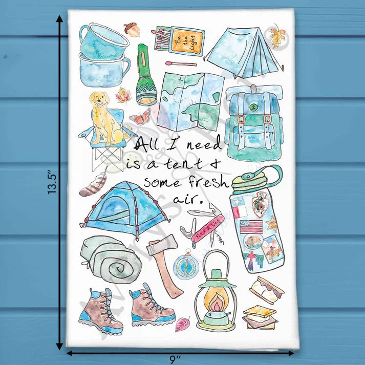Tent and Fresh Air flour sack dish towel, art by Avery Jackson