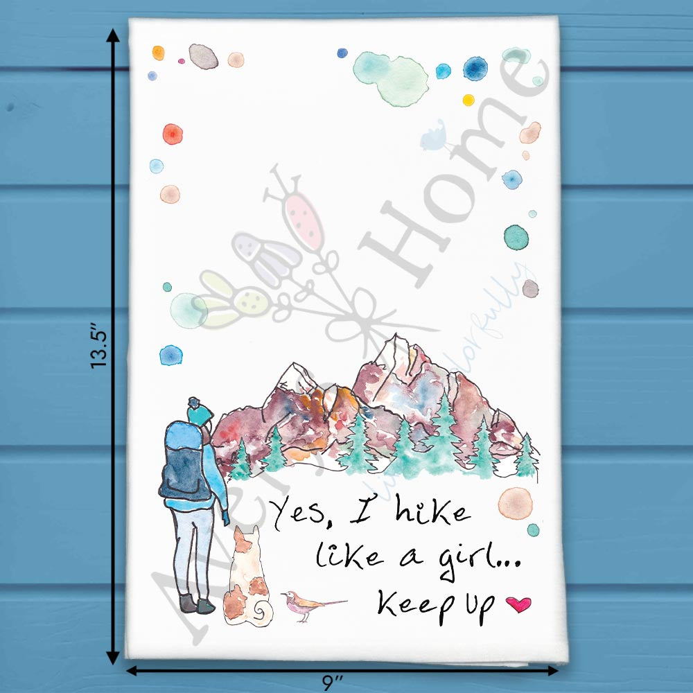Hike Like a Girl flour sack dish towel, art by Avery Jackson