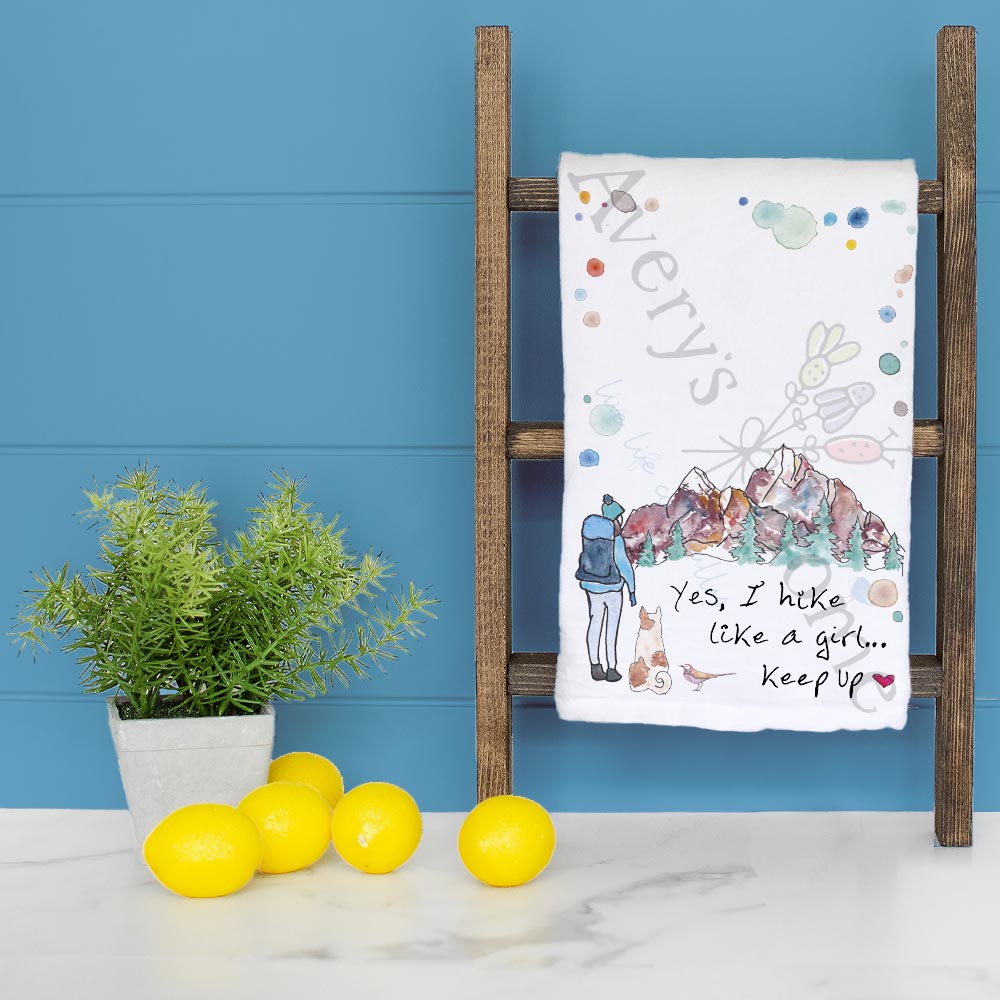 Hike Like a Girl dish towel folded, hemmed on all four sides