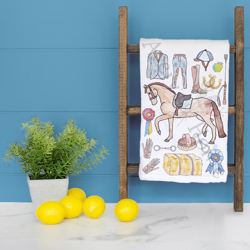 English Equestrian dish towel folded, hemmed on all four sides