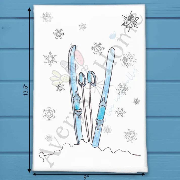 Skis in Snow flour sack dish towel, art by Avery Jackson