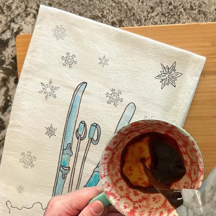 Skis in Snow dish towel, 27x27 flour sack cotton
