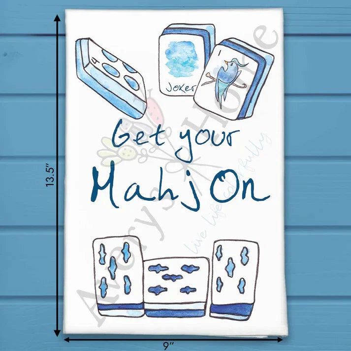 Get Your Mahj On flour sack dish towel, art by Avery Jackson