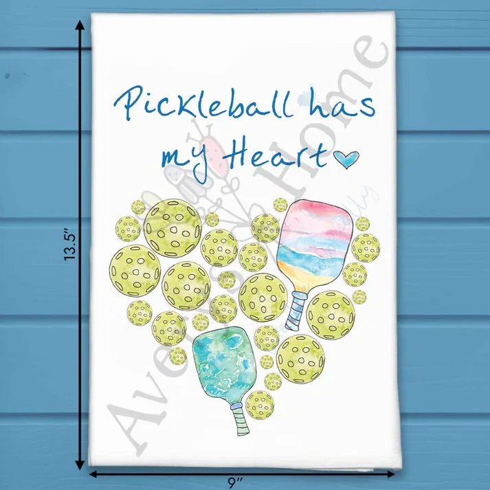 Pickleball Valentine flour sack dish towel, art by Avery Jackson