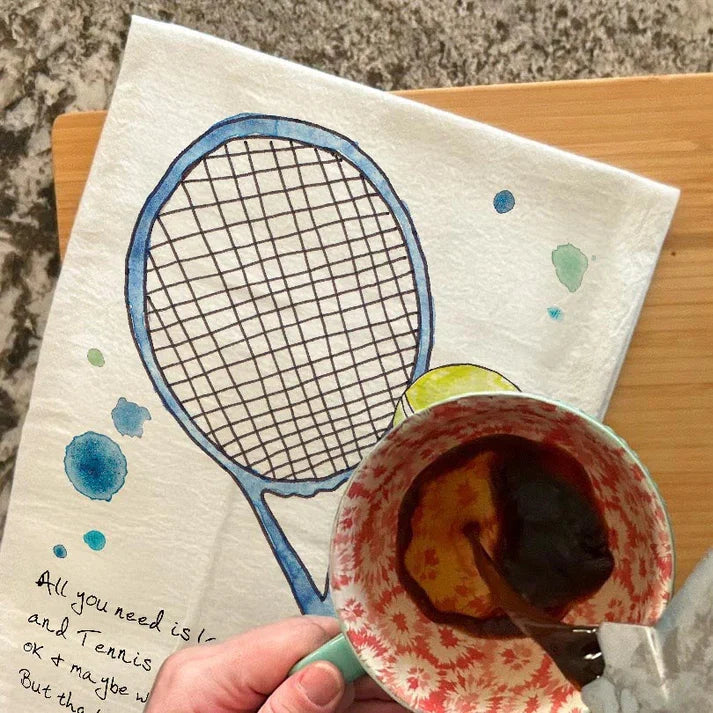 Tennis and Wine dish towel, 27x27 flour sack cotton